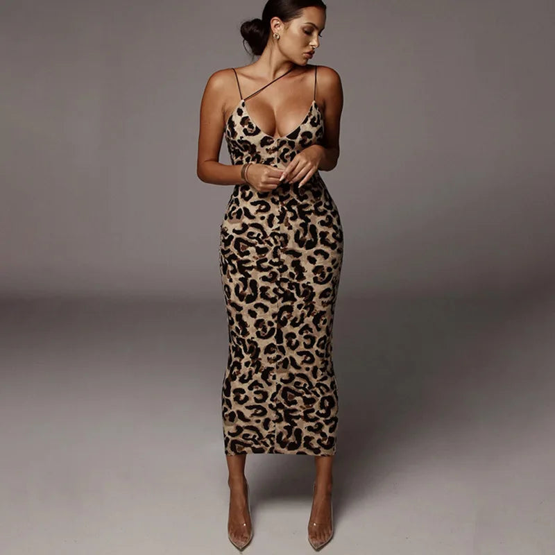 leopard print sleeveless midi dress