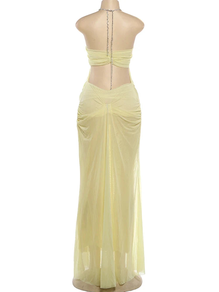 Nibber Prom Party Gown Dress Woman Sexy See Through Luxury Chain Halter Low-Neck Backless Sleeveless Midnight Elegant Vestidos