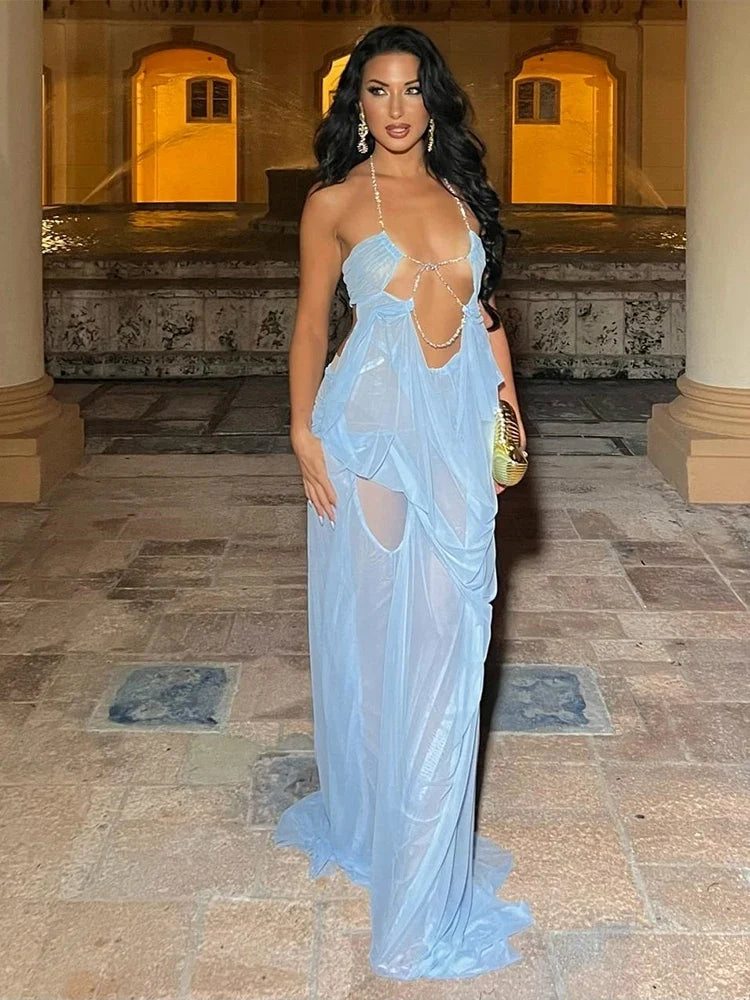 Nibber Prom Party Gown Dress Woman Sexy See Through Luxury Chain Halter Low-Neck Backless Sleeveless Midnight Elegant Vestidos