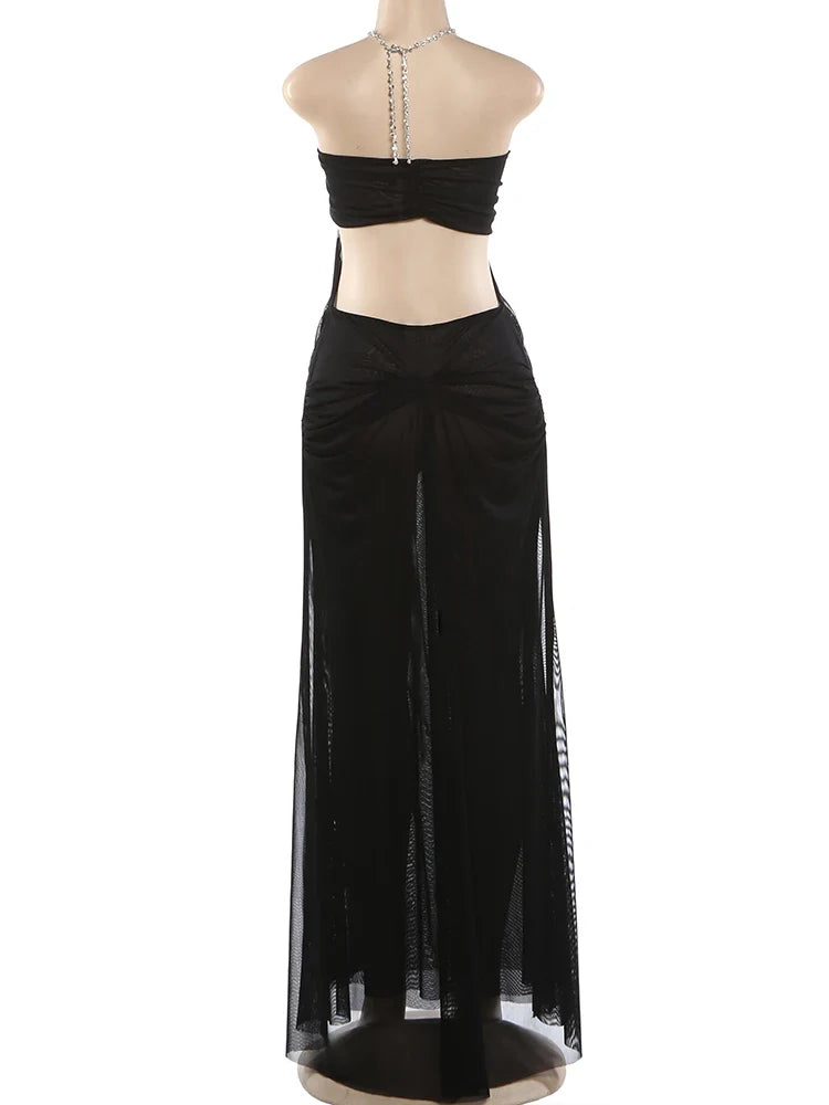 Nibber Prom Party Gown Dress Woman Sexy See Through Luxury Chain Halter Low-Neck Backless Sleeveless Midnight Elegant Vestidos
