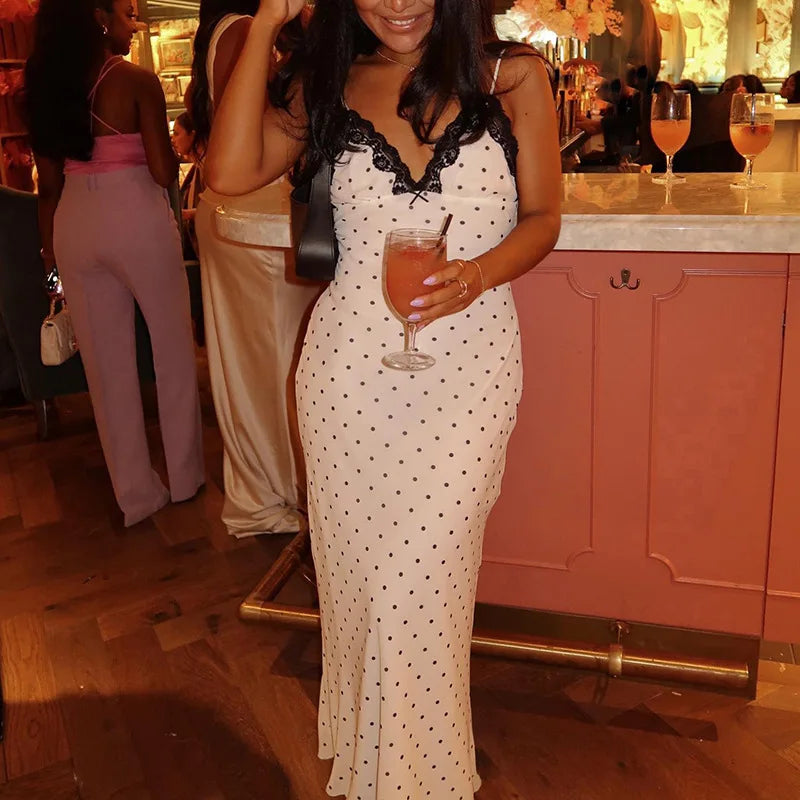 Tossy Lace V-Neck Patchwork Maxi Dress Women Backless High Waist Slim Spaghetti Contrast Party Dress Female Spring Long Dress