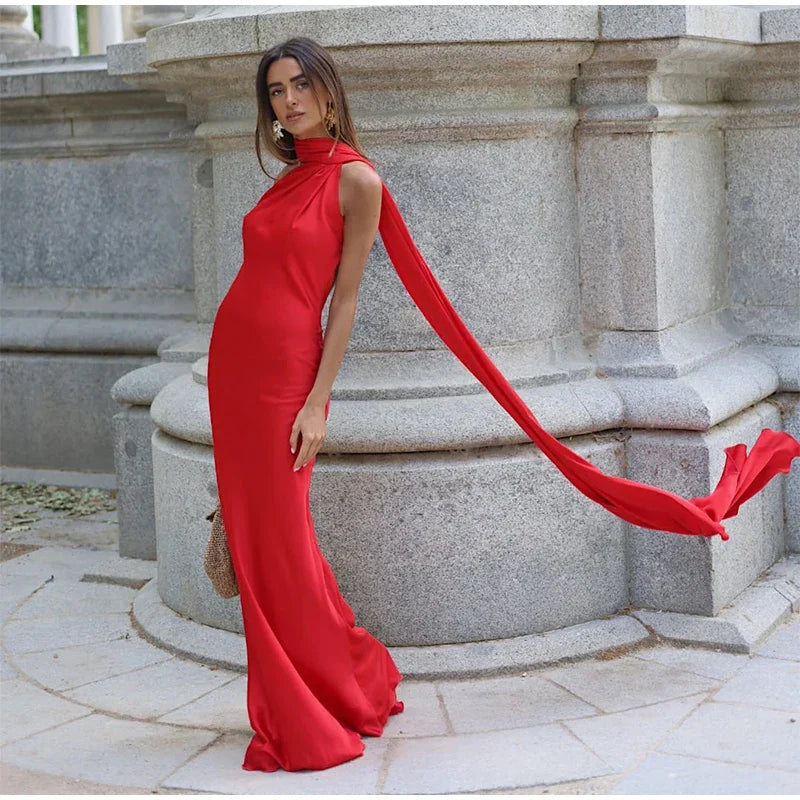 Sexy Satin Ribbon Party Dress Women Elegant Halter Backless Off Shoulder Sleeveless Female Dresses 2024 Summer Solid Robe Gown