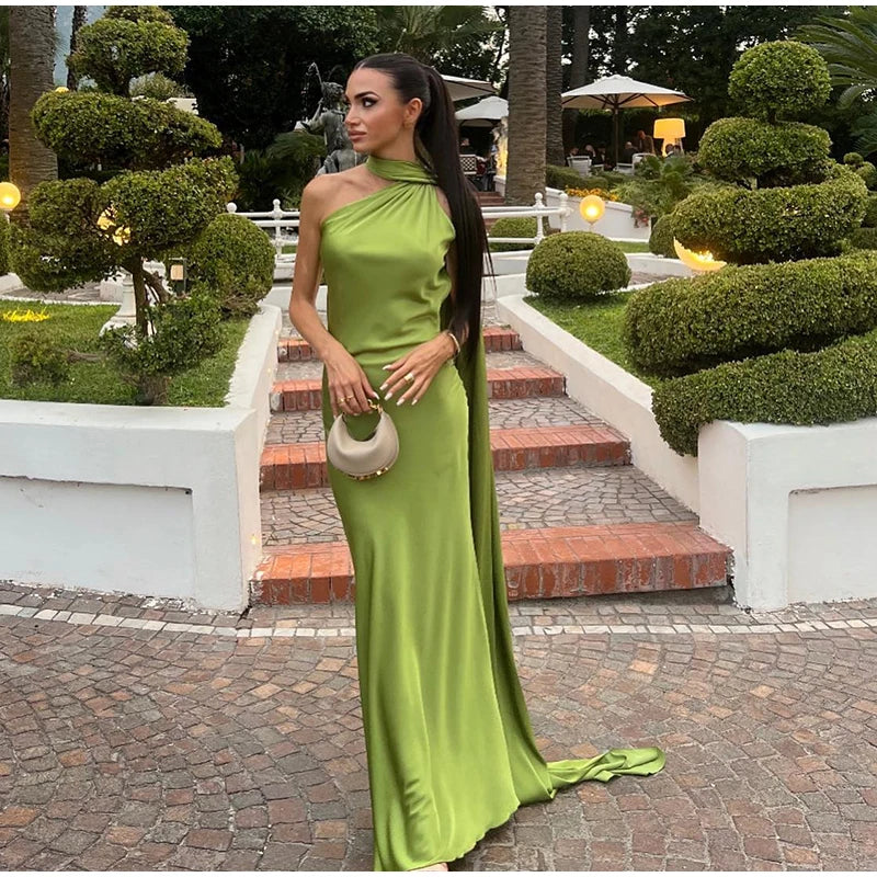 Sexy Satin Ribbon Party Dress Women Elegant Halter Backless Off Shoulder Sleeveless Female Dresses 2024 Summer Solid Robe Gown