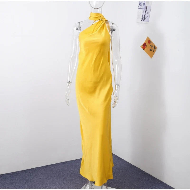 Sexy Satin Ribbon Party Dress Women Elegant Halter Backless Off Shoulder Sleeveless Female Dresses 2024 Summer Solid Robe Gown