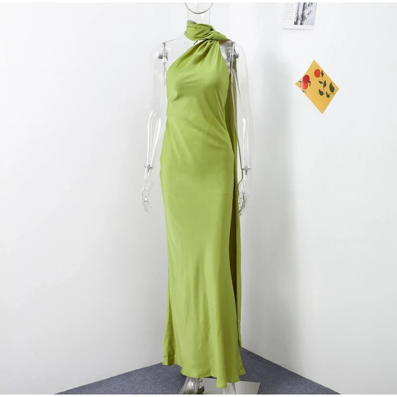 Sexy Satin Ribbon Party Dress Women Elegant Halter Backless Off Shoulder Sleeveless Female Dresses 2024 Summer Solid Robe Gown
