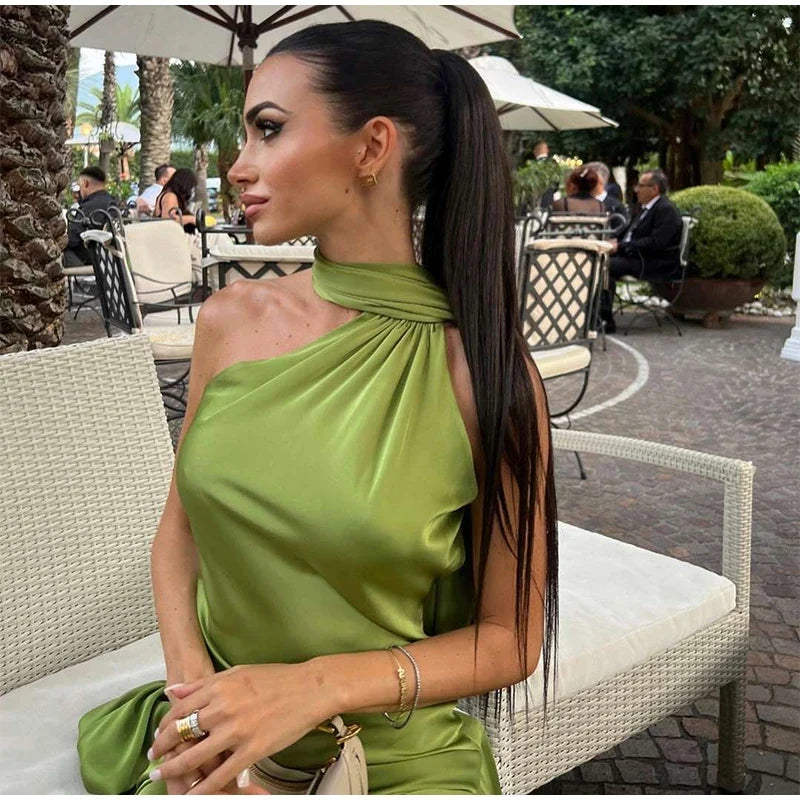 Sexy Satin Ribbon Party Dress Women Elegant Halter Backless Off Shoulder Sleeveless Female Dresses 2024 Summer Solid Robe Gown