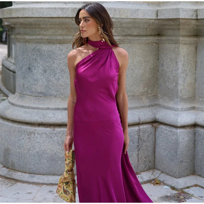 Sexy Satin Ribbon Party Dress Women Elegant Halter Backless Off Shoulder Sleeveless Female Dresses 2024 Summer Solid Robe Gown