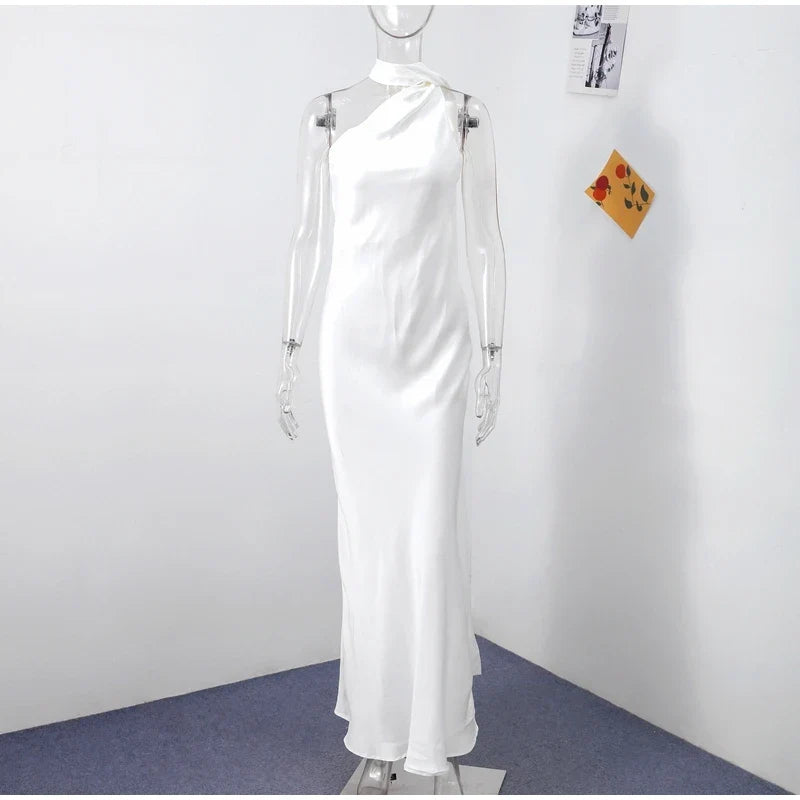 Sexy Satin Ribbon Party Dress Women Elegant Halter Backless Off Shoulder Sleeveless Female Dresses 2024 Summer Solid Robe Gown